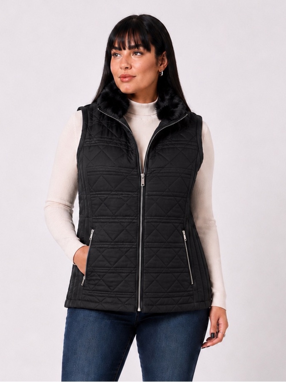 CALVIN KLEIN Black Quilted Faux Fur Collar Vest Plus Size 0X